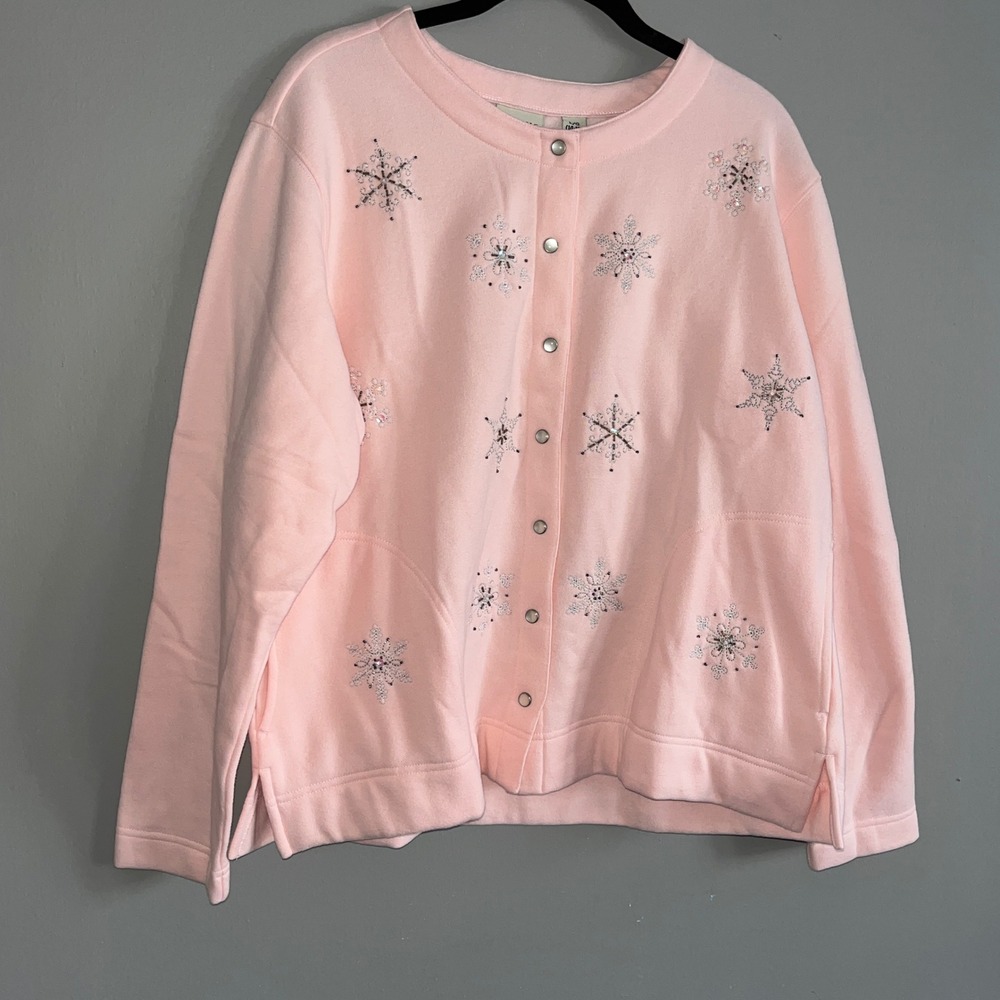 Vintage Classic Elements Cardigan Large Pink‎ Snowflake Beaded Granny Pearl Snap